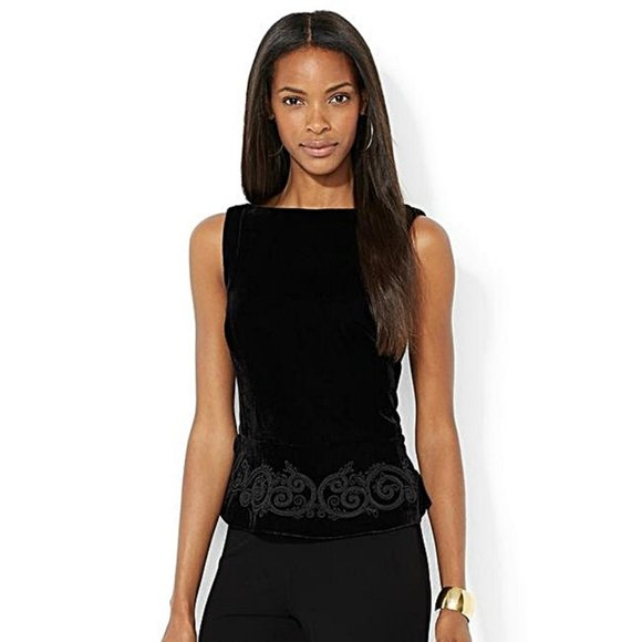 Lauren Ralph Lauren Tops - RALPH LAUREN Black Velvet Ornate Cord Peplum Hem Sleeveless Top Size 12 Blouse